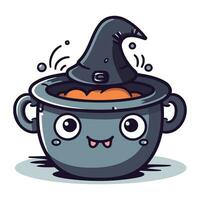 Cute Halloween Witch Pot Cartoon Mascot Character Vector Illustration