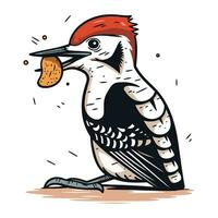 pájaro carpintero con un maní en sus pico. vector ilustración.