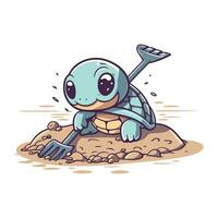 Cute little turtle digging a hole in the ground vector illustration.