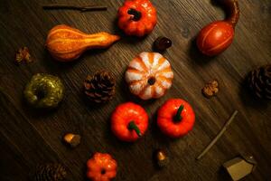 Halloween decorations background. Halloween Scary pumpkin head on wooden table Halloween holiday concept photo