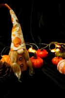 Halloween decorations background. Halloween Scary pumpkin head on wooden table Halloween holiday concept photo