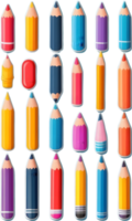 une collection de coloré des crayons et des stylos sur une transparent Contexte ai génératif png