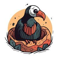 Cute cartoon toucan sitting in the nest. Vector illustration.