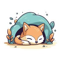 Cute cartoon fox sleeping in the blue cloud. Vector illustration.