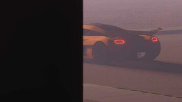 Aurangabad, India, Oct 28, 2023 3D Rendered Bugatti Chiron Car standing on the racing track, The white Bugatti Chiron Supercar sanding on road with foggy day environment video