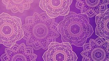 A seamless looping ambient video displays bright mandala patterns floating with a gradient purple background in luxury style