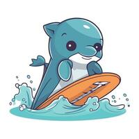 Cute cartoon dolphin on surfboard. Vector illustration isolated on white background.