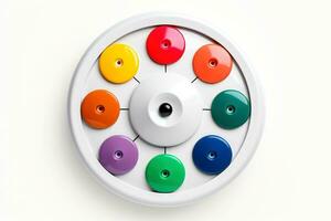 Abstract high tech multicolor button on white background, Generative AI photo