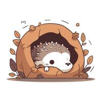 Cute hedgehog in a bag with leaves. Vector illustration.