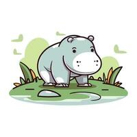 Cute hippopotamus standing in the grass. Vector illustration.
