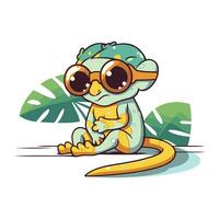 Cute crocodile in sunglasses and a hat sitting on the ground. Vector illustration.