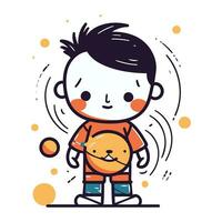 Cute little boy playing with a teddy bear. Vector illustration.