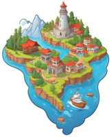 cartoon island with houses and trees ai generative png