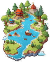 cartoon island with houses and trees ai generative png