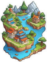 cartoon island with houses and trees ai generative png