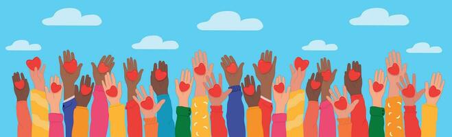 Hands raised up hold hearts, share compassion and hope with those in need. vector