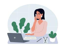 Manager is talking to a customer during a phone call. A woman is talking on the phone at work in the office. Vector flat illustration.