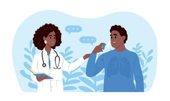 Bronchial asthma. A doctor tells his patient how to use an inhaler during asthma attack. World Asthma Day. Allergy, asthmatic. Inhalation drug. vector