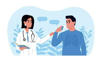 A doctor tells his patient how to use an inhaler during asthma attack. World Asthma Day. Allergy, asthmatic. Inhalation drug. Bronchial asthma. vector