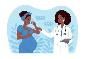 The doctor tells a pregnant woman how to use an inhaler during an asthma attack. World Asthma Day. Allergy, asthmatic. Inhalation drug. Bronchial asthma. vector