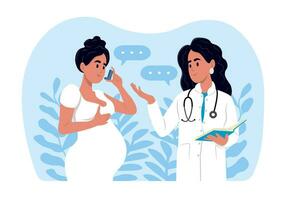 The doctor tells a pregnant woman how to use an inhaler during an asthma attack. World Asthma Day. Allergy, asthmatic. Inhalation drug. Bronchial asthma. vector