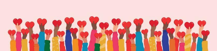 Hands raised up hold hearts, share compassion and hope with those in need. Multinational palms of human hands give support. vector