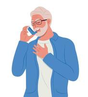 Elderly man uses an asthma inhaler against attack. World asthma day. Bronchial asthma. Allergy, asthmatic. Inhalation drug. vector