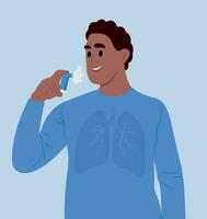 World Asthma Day. Young smiling man using an asthma inhaler Allergy, asthmatic. Inhalation drug. Bronchial asthma. vector