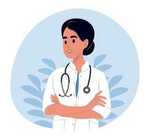 National Doctors' Day. Woman doctor portrait. Doctor with a stethoscope. Smiling therapist, general practitioner with crossed arms. Doctor in medical uniform. vector