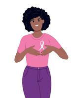 October is Cancer Awareness Month. Young beautiful woman performing a breast self examination. vector