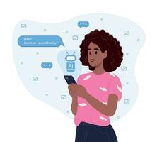 Woman uses the technology of a smart AI robot. Chat concept, artificial intelligence. Dialogue between the AI assistant and the user in the messenger. vector