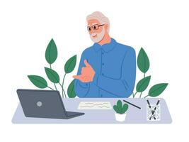 Elderly man talking on video call using sign language, talking to patient with hearing impairment, deafness, showing gestures on screen. vector