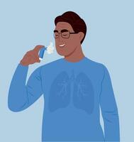 Allergy, asthmatic. World Asthma Day. Elderly man using an asthma inhaler. Bronchial asthma. Inhalation drug. vector