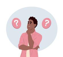 Make choice, decision concept. A young black man makes a choice, thinks, analyzing two options. Doubting, deciding, setting priorities. Flat vector illustration.