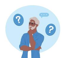 Elderly man makes a choice, thinks, analyzing two options. Make choice, decision concept. Doubting, deciding, setting priorities. Flat vector illustration