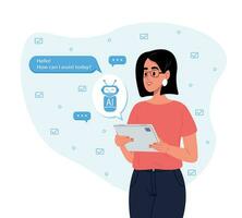 Woman uses the technology of a smart AI robot. Chat concept, artificial intelligence. Dialogue between the AI assistant and the user in the messenger. vector