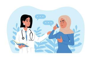 The doctor tells a Muslim woman how to use an inhaler during an asthma attack. Allergy, asthmatic. Bronchial asthma. vector