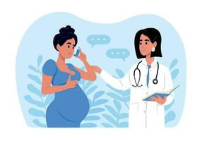 The doctor tells a pregnant woman how to use an inhaler during an asthma attack. World Asthma Day. Allergy, asthmatic. Inhalation drug. Bronchial asthma. vector