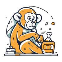 Monkey sitting on the floor with a bottle of alcohol. Vector illustration.