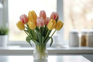 A bouquet of tulips on a white table. AI Generated photo