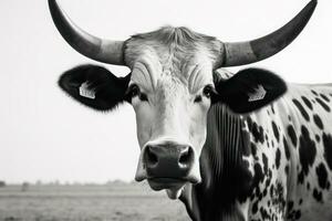 monocromo retrato de un curioso vaca ai generado foto