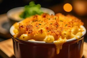 Macaroni and cheese in a bowl on a wooden table AI Generated photo