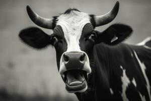 monocromo retrato de un curioso vaca ai generado foto