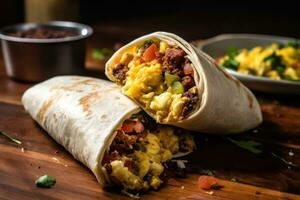 Two breakfast burrito with scrambled eggs cheese and salsa AI Generated photo