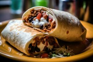 two burritos sitting on a yellow plate AI Generated photo