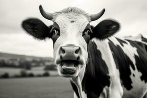 monocromo retrato de un curioso vaca ai generado foto