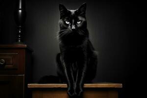 A Black Cat Sitting on a Wooden Table AI Generated photo