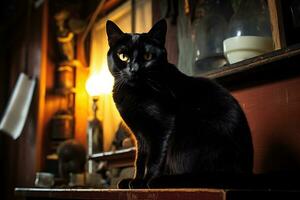 Black Cat Sitting on a Table AI Generated photo