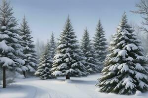 Winter season landscape with christmas tree and snow background, AI Generated photo