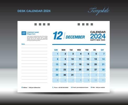 Desk calender 2024 design, December 2024 template, Calendar 2024 template, planner, simple, Wall calendar design, week starts on sunday, printing, advertiement, blue background, vector